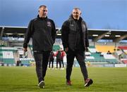 29 March 2024; Bohemians manager Alan Reynolds and coach Trevor Croly, right, before the SSE Airtricity Men's Premier Division match between Shamrock Rovers and Bohemians at Tallaght Stadium in Dublin. Photo by Stephen McCarthy/Sportsfile