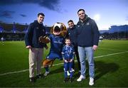 29 March 2024; Leinster players Brian Deeny, Scott Penny and James Ryan and Leo the Lion with match day mascots Ciarán Kirrane before the United Rugby Championship match between Leinster and Vodacom Bulls at the RDS Arena in Dublin. Photo by Harry Murphy/Sportsfile