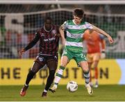 29 March 2024; Johnny Kenny of Shamrock Rovers in action against Aboubacar Keita of Bohemians during the SSE Airtricity Men's Premier Division match between Shamrock Rovers and Bohemians at Tallaght Stadium in Dublin. Photo by Stephen McCarthy/Sportsfile