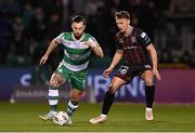 29 March 2024; Richie Towell of Shamrock Rovers in action against Brian McManus of Bohemians during the SSE Airtricity Men's Premier Division match between Shamrock Rovers and Bohemians at Tallaght Stadium in Dublin. Photo by Stephen McCarthy/Sportsfile