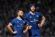 29 March 2024; Leinster players Jamison Gibson-Park, left, and Ryan Baird during the United Rugby Championship match between Leinster and Vodacom Bulls at the RDS Arena in Dublin. Photo by Seb Daly/Sportsfile