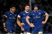 29 March 2024; Leinster players, from right, Ryan Baird, Joe McCarthy and Michael Ala'Alatoa during the United Rugby Championship match between Leinster and Vodacom Bulls at the RDS Arena in Dublin. Photo by Seb Daly/Sportsfile