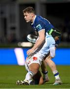 29 March 2024; Rob Russell of Leinster is tackled by Kurt-Lee Arendse of Vodacom Bulls during the United Rugby Championship match between Leinster and Vodacom Bulls at the RDS Arena in Dublin. Photo by Seb Daly/Sportsfile