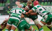 30 March 2024; Shamus Hurley-Langton of Connacht is tackled by Thomas Gallo, left, and Toa Halafihi of Benetton during the United Rugby Championship match between Benetton and Connacht at Stadio Monigo in Treviso, Italy. Photo by Roberto Bregani/Sportsfile