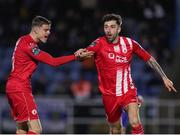 29 March 2024; Ellis Chapman of Sligo Rovers, right, celebrates after scoring his side's first goal with teammate Fabrice Hartmann during the SSE Airtricity Men's Premier Division match between Waterford and Sligo Rovers at the Regional Sports Centre in Waterford. Photo by Michael P Ryan/Sportsfile
