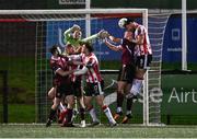 29 March 2024; Patrick Hoban of Derry City has a header on goal during the SSE Airtricity Men's Premier Division match between Derry City and Galway United at The Ryan McBride Brandywell Stadium in Derry. Photo by Ben McShane/Sportsfile