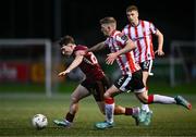 29 March 2024; Edward McCarthy of Galway United and Ronan Boyce of Derry City during the SSE Airtricity Men's Premier Division match between Derry City and Galway United at The Ryan McBride Brandywell Stadium in Derry. Photo by Ben McShane/Sportsfile