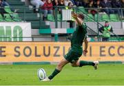 30 March 2024; Jack Carty of Connacht kicks a conversion during the United Rugby Championship match between Benetton and Connacht at Stadio Monigo in Treviso, Italy. Photo by Roberto Bregani/Sportsfile