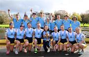 30 March 2024; The UCD Senior Men's team, back row from left, Dach Murray, Eoin McGrath, Ross Mason, Paul Flood, cox Rhian Nelson, Ciaran Conway, Andrew Carroll, Sam Daly and David Crooks, with the Gannon Cup, and The UCD Senior Women's team, front row from left, Tara Phelan, Alison Daly, Sarah Daly, Nell Allison, cox Libby Ryan, Lauryn Roche, Dervila O’Brien, Jessica Farrell and Niamh Campbell celebrate with the Corcoran Cup after winning their races during annual Colours Boat Race between UCD and Trinity College on the River Liffey in Dublin. Photo by Sam Barnes/Sportsfile