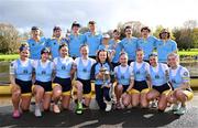 30 March 2024; The UCD Senior Men's team, back row from left, Dach Murray, Eoin McGrath, Ross Mason, Paul Flood, cox Rhian Nelson, Ciaran Conway, Andrew Carroll, Sam Daly and David Crooks, with the Gannon Cup, and The UCD Senior Women's team, front row from left, Tara Phelan, Alison Daly, Sarah Daly, Nell Allison, cox Libby Ryan, Lauryn Roche, Dervila O’Brien, Jessica Farrell and Niamh Campbell celebrate with the Corcoran Cup after winning their races during annual Colours Boat Race between UCD and Trinity College on the River Liffey in Dublin. Photo by Sam Barnes/Sportsfile