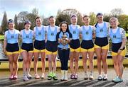 30 March 2024; The UCD Senior Women's team, from left, Tara Phelan, Alison Daly, Sarah Daly, Nell Allison, Libby Ryan, Lauryn Roche, Dervila O’Brien, Jessica Farrell and Niamh Campbell celebrate with the Corcoran Cup after winning the annual Colours Boat Race between UCD and Trinity College on the River Liffey in Dublin. Photo by Sam Barnes/Sportsfile