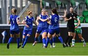 30 March 2024; Katie Lawlee of Treaty United celebrates with team-mates after scoring their side's first goal during the SSE Airtricity Women's Premier Division match between Shamrock Rovers and Treaty United at Tallaght Stadium in Dublin. Photo by Tyler Miller/Sportsfile