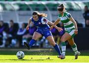 30 March 2024; Caleigh Boeckx of Treaty United in action against Melissa O'Kane of Shamrock Rovers during the SSE Airtricity Women's Premier Division match between Shamrock Rovers and Treaty United at Tallaght Stadium in Dublin. Photo by Tyler Miller/Sportsfile