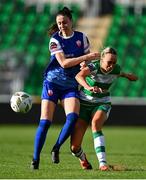 30 March 2024; Stephanie Zambra of Shamrock Rovers in action against Kayla Kyle of Treaty United during the SSE Airtricity Women's Premier Division match between Shamrock Rovers and Treaty United at Tallaght Stadium in Dublin. Photo by Tyler Miller/Sportsfile