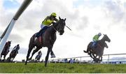 30 March 2024; Olympic Man, left, with Paul Townend up, leads eventual winner Mousey Brown, right, with Conor Maxwell up, on their way to finishing second in the INH Stallion Owners EBF Novice Handicap Hurdle Series Final on day one of the Fairyhouse Easter Festival at Fairyhouse Racecourse in Ratoath, Meath. Photo by Seb Daly/Sportsfile