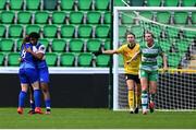 30 March 2024; Hannah Saidi of Treaty United celebrates with teammate Delana Friesen, 8, after scoring their side's second goal as Shamrock Rovers goalkeeper Amanda Budden, and team-mate, Shauna Fox protest to referee Ian O'Keeffe, not pictured, during the SSE Airtricity Women's Premier Division match between Shamrock Rovers and Treaty United at Tallaght Stadium in Dublin. Photo by Tyler Miller/Sportsfile