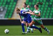 30 March 2024; Erin Van Dolder of Treaty United in action against Joy Ralph of Shamrock Rovers during the SSE Airtricity Women's Premier Division match between Shamrock Rovers and Treaty United at Tallaght Stadium in Dublin. Photo by Tyler Miller/Sportsfile