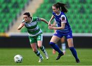30 March 2024; Kayla Kyle of Treaty United in action against Áine O'Gorman of Shamrock Rovers during the SSE Airtricity Women's Premier Division match between Shamrock Rovers and Treaty United at Tallaght Stadium in Dublin. Photo by Tyler Miller/Sportsfile