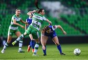 30 March 2024; Caleigh Boeckx of Treaty United in action against Áine O'Gorman of Shamrock Rovers during the SSE Airtricity Women's Premier Division match between Shamrock Rovers and Treaty United at Tallaght Stadium in Dublin. Photo by Tyler Miller/Sportsfile