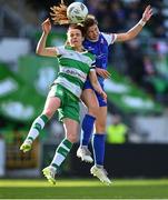 30 March 2024; Jillian Anne Tegan O'Toole of Treaty United in action against Áine O'Gorman of Shamrock Rovers during the SSE Airtricity Women's Premier Division match between Shamrock Rovers and Treaty United at Tallaght Stadium in Dublin. Photo by Tyler Miller/Sportsfile