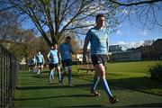 30 March 2024; UCD captain Bobby Sheehan leads out his team before the annual Men’s Rugby Colours match between Dublin University and UCD at College Park in Trinity College, Dublin. Photo by Sam Barnes/Sportsfile