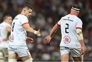 30 March 2024; Nick Timoney of Ulster, left, is congratulated by teammate Rob Herring after scoring his side's opening try during the United Rugby Championship match between DHL Stormers and Ulster at DHL Stadium in Cape Town, South Africa. Photo by Shaun Roy/Sportsfile