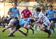 30 March 2024; Wilhelm De Klerk of UCD is tackled by Cormac King, left, and Louis McDonough of Dublin University during the annual Men’s Rugby Colours match between Dublin University and UCD at College Park in Trinity College, Dublin. Photo by Sam Barnes/Sportsfile