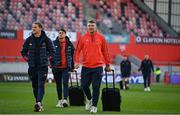 30 March 2024; Munster players, from left, Mike Haley, Antoine Frisch and Peter O’Mahony arrive before the United Rugby Championship match between Munster and Cardiff at Thomond Park in Limerick. Photo by Brendan Moran/Sportsfile