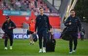 30 March 2024; Alex Kendellen, left, and Joey Carbery of Munster arrive before the United Rugby Championship match between Munster and Cardiff at Thomond Park in Limerick. Photo by Brendan Moran/Sportsfile