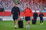 30 March 2024; Tadhg Beirne of Munster, left, and forwards coach Andi Kyriacou arrive before the United Rugby Championship match between Munster and Cardiff at Thomond Park in Limerick. Photo by Brendan Moran/Sportsfile