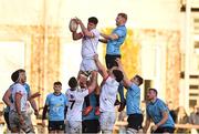 30 March 2024; Dan Barron of Dublin University wins possession at a line-out ahead of Matthew Healy of UCD during the annual Men’s Rugby Colours match between Dublin University and UCD at College Park in Trinity College, Dublin. Photo by Sam Barnes/Sportsfile
