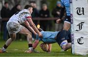 30 March 2024; Conor O'Tighearnach of UCD scores his side's first try during the annual Men’s Rugby Colours match between Dublin University and UCD at College Park in Trinity College, Dublin. Photo by Sam Barnes/Sportsfile