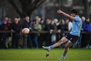 30 March 2024; James Tarrant of UCD kicks a conversion during the annual Men’s Rugby Colours match between Dublin University and UCD at College Park in Trinity College, Dublin. Photo by Sam Barnes/Sportsfile
