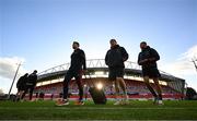 30 March 2024; Munster players, from left, Jack Crowley, Darragh McSweeney and Shay McCarthy arrive before the United Rugby Championship match between Munster and Cardiff at Thomond Park in Limerick. Photo by Brendan Moran/Sportsfile
