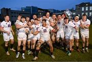 30 March 2024; Dublin University players celebrate with the cups after winning the annual Men’s Rugby Colours match between Dublin University and UCD at College Park in Trinity College, Dublin. Photo by Sam Barnes/Sportsfile