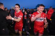 30 March 2024; Derry captain Cormac O'Doherty, left, and Richie Mullan of Derry celebrate after the Allianz Hurling League Division 2B final match between Derry and Tyrone at the Derry GAA Centre of Excellence in Owenbeg, Derry. Photo by Ben McShane/Sportsfile