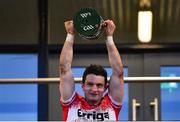 30 March 2024; Derry captain Cormac O'Doherty lifts the cup after the Allianz Hurling League Division 2B final match between Derry and Tyrone at the Derry GAA Centre of Excellence in Owenbeg, Derry. Photo by Ben McShane/Sportsfile