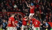 30 March 2024; Tadhg Beirne of Munster wins a lineout during the United Rugby Championship match between Munster and Cardiff at Thomond Park in Limerick. Photo by Brendan Moran/Sportsfile