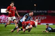 30 March 2024; John Hodnett of Munster scores a try which is subsequently disallowed during the United Rugby Championship match between Munster and Cardiff at Thomond Park in Limerick. Photo by Harry Murphy/Sportsfile