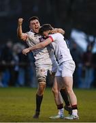 30 March 2024; Dublin University captain Diarmuid McCormack, left, and team-mate Harry Colbert celebrate at the final whistle after their side's victory in the annual Men’s Rugby Colours match between Dublin University and UCD at College Park in Trinity College, Dublin. Photo by Sam Barnes/Sportsfile