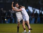 30 March 2024; Dublin University captain Diarmuid McCormack, left, and team-mate Harry Colbert celebrate at the final whistle after their side's victory in the annual Men’s Rugby Colours match between Dublin University and UCD at College Park in Trinity College, Dublin. Photo by Sam Barnes/Sportsfile