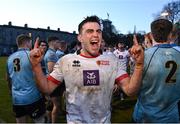 30 March 2024; Dublin University captain Diarmuid McCormack celebrates after his side's victory in the annual Men’s Rugby Colours match between Dublin University and UCD at College Park in Trinity College, Dublin. Photo by Sam Barnes/Sportsfile