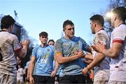 30 March 2024; UCD captain Bobby Sheehan and Dublin University captain Diarmuid McCormack shake hands after the annual Men’s Rugby Colours match between Dublin University and UCD at College Park in Trinity College, Dublin. Photo by Sam Barnes/Sportsfile