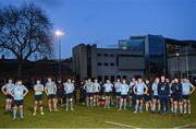 30 March 2024; UCD players dejected after their side's defeat in the annual Men’s Rugby Colours match between Dublin University and UCD at College Park in Trinity College, Dublin. Photo by Sam Barnes/Sportsfile