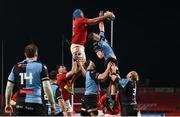 30 March 2024; Tadhg Beirne of Munster takes a lineout from Alex Mann of Cardiff during the United Rugby Championship match between Munster and Cardiff at Thomond Park in Limerick. Photo by Brendan Moran/Sportsfile