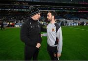 30 March 2024; Westmeath manager Dessie Dolan, left, and Down manager Conor Laverty after the Allianz Football League Division 3 final match between Down and Westmeath at Croke Park in Dublin. Photo by Ramsey Cardy/Sportsfile