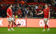 30 March 2024; Jack Crowley, right, and Joey Carbery of Munster during the United Rugby Championship match between Munster and Cardiff at Thomond Park in Limerick. Photo by Brendan Moran/Sportsfile