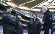 31 March 2024; Donegal manager Jim McGuinness, with players from left, Eoghán Bán Gallagher, Ryan McHugh and Brendan McCole before the Allianz Football League Division 2 Final match between Armagh and Donegal at Croke Park in Dublin. Photo by Ramsey Cardy/Sportsfile