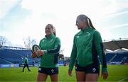 31 March 2024; Béibhinn Parsons and and India Daley of Ireland walk the pitch before the Women's Six Nations Rugby Championship match between Ireland and Italy at the RDS Arena in Dublin. Photo by Harry Murphy/Sportsfile
