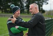 31 March 2024; Warwickshire manager Tony Joyce, right, in conversation with Fermanagh manager Joe Baldwin before the Allianz Hurling League Division 3B Final match between Fermanagh and Warwickshire at St Joseph's Park in Ederney, Fermanagh. Photo by Sam Barnes/Sportsfile